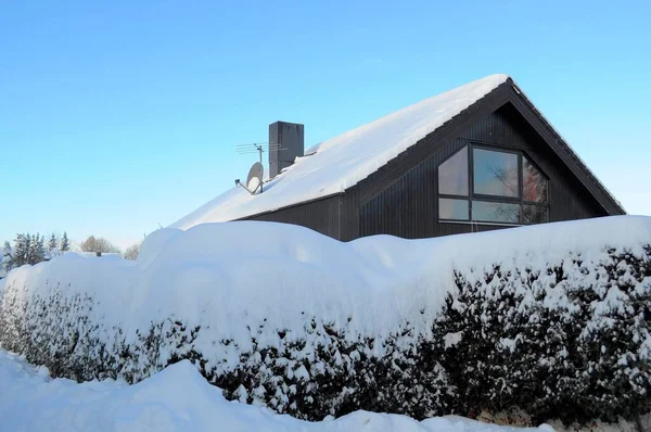 Křovák Sněhem Domě Zimě — Stock fotografie