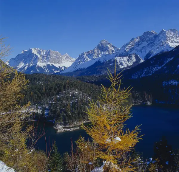 Slutet Hösten Över Blindsee Sjön Vid Fernpass Till Zugspitze Ehrwalder — Stockfoto