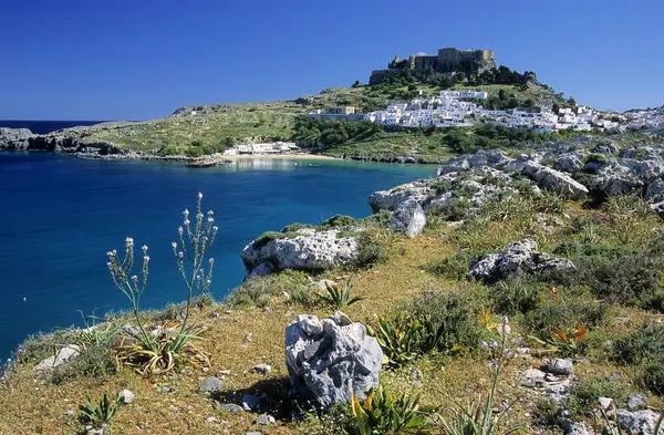 Old Town Acropolis Lindos Bay Rhodes Greece — Stock Photo, Image