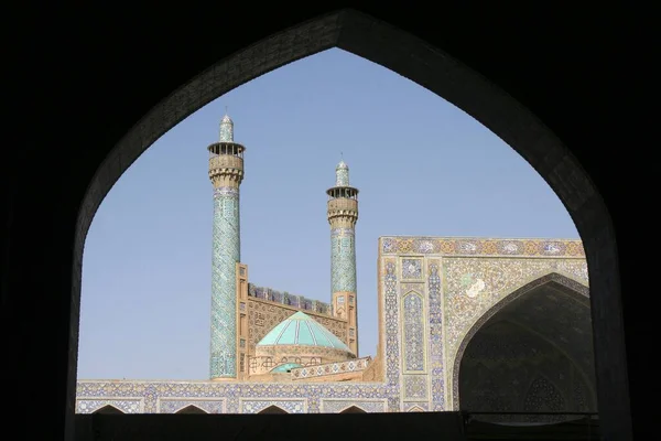 View Two Minarets Entrance Masdjed Shah Isfahan Iran Asia — Stock Photo, Image