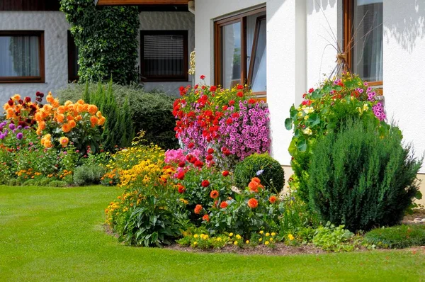 Black Forest house with flower garden in summer, different summer flowers in the garden