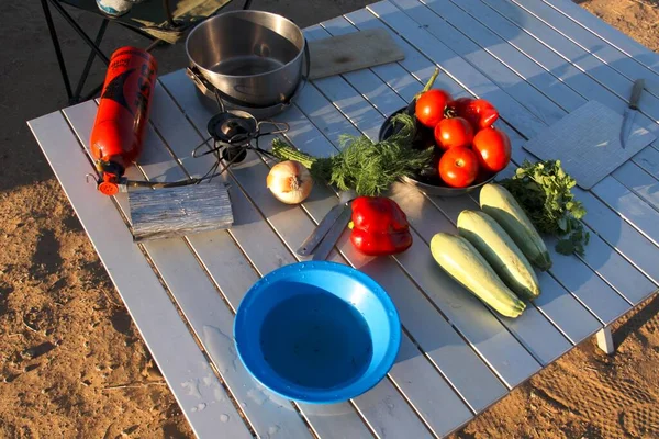 Natura Morta Con Verdure Cucina Campeggio Nel Deserto Dell Uzbekistan — Foto Stock