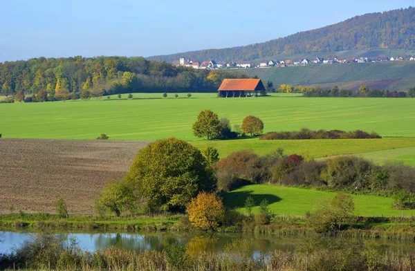 Herbstlandschaft Hohenhaslacher Weiher Weinberge Felder Wald — Stockfoto
