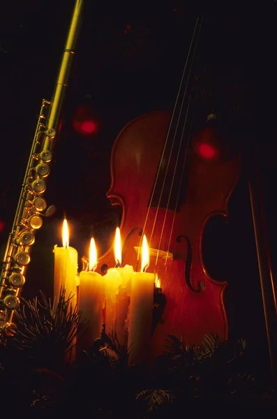 Burning Candles Saxophone Violin — Stock Photo, Image