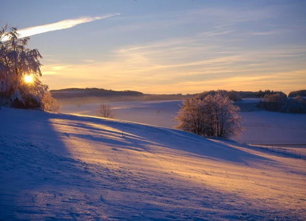 Zimní Krajina Západem Slunce Donnstetten — Stock fotografie