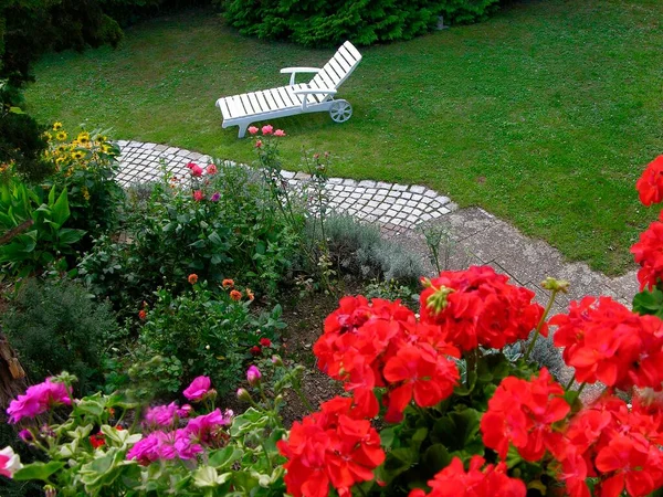 庭のラウンジャー 舗装された道 夏の庭 花の庭が付いている永遠の庭 — ストック写真
