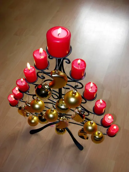 Wrought Iron Christmas Tree Burning Candles Glass Balls — Stock Photo, Image