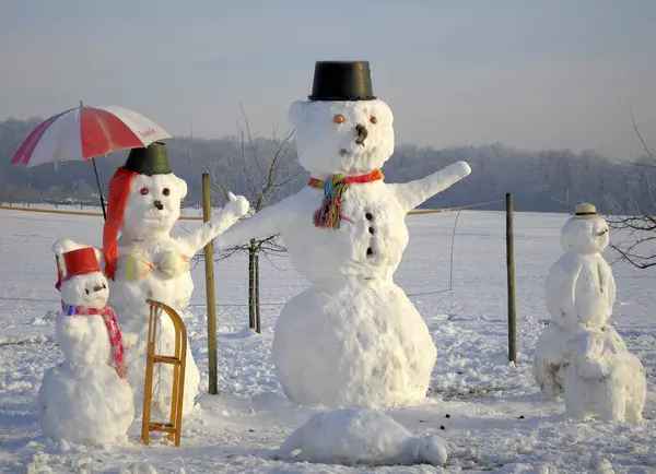 有动物形象的雪人家庭 — 图库照片