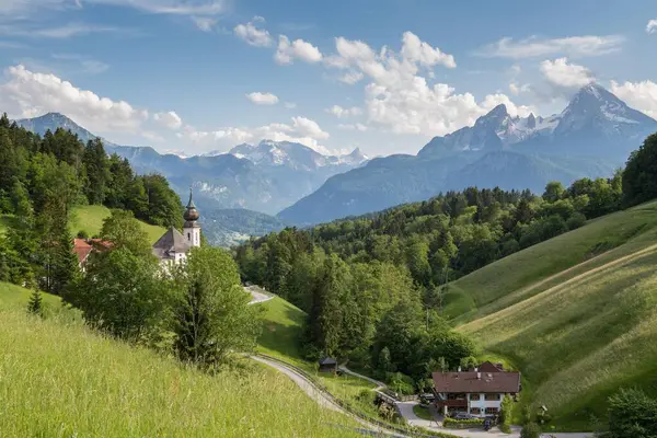 Maria Gern Pilgrimage Church Alpine Meadow Farm Front Watzmann Berchtesgaden — Stock Photo, Image