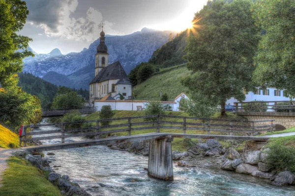 Kościół Parafialny Sebastiana Ramsauer Ache Ramsau Obszar Berchtesgaden Bawaria Niemcy — Zdjęcie stockowe