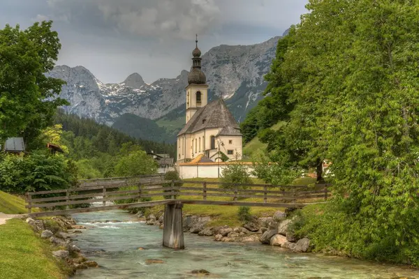 Chiesa Parrocchiale San Sebastiano Ramsauer Ache Dietro Reiteralpe Ramsau Berchtesgaden — Foto Stock