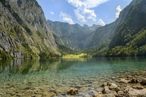 Obersee Jezioro Górskie Krajobraz Górski Salet Knigssee Park Narodowy Berchtesgaden — Zdjęcie stockowe