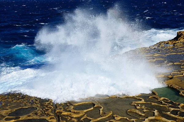 Gozo Salt Pans Sea Spray Xwejni Bay Gozo Malta Europe — Stock Photo, Image