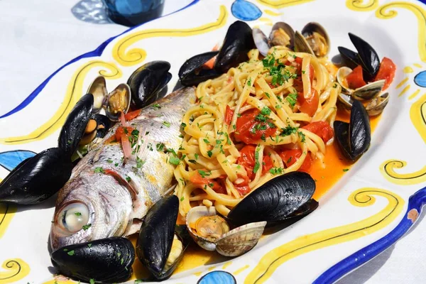 Fish plate in the restaurant Le Terrazze di Eolo, Stromboli Island, Lipari or Aeolian Islands, Sicily, Italy, Europe