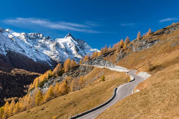 Groglockner High Alpine Road Leads Autumnal Mountain Landscape Autumnal Larches — Stock Photo, Image