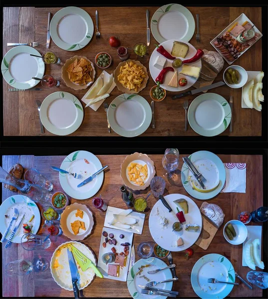 Table set with cheese, sausage, bread, tacos and dips, various snacks, leftovers, in front of and after the meal, Germany, Europe