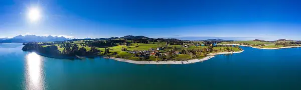 Drone shot, Panorama, Reservoir Forggensee at low tide, Dietringen, region Fssen, Ostallgu, Bavaria, Germany, Europe