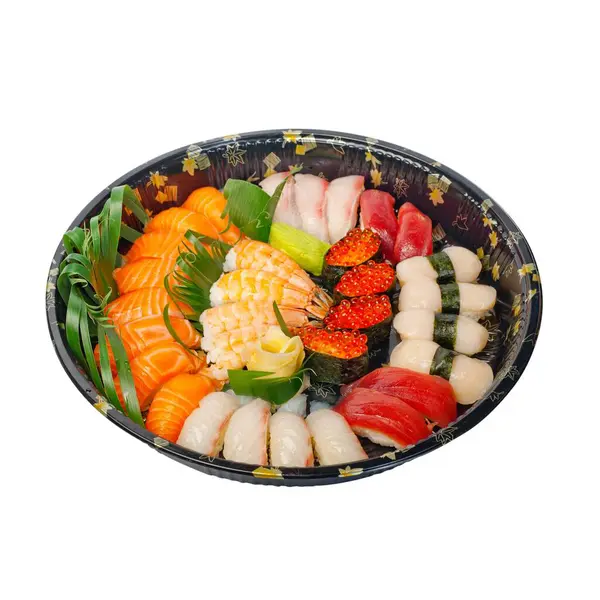 Tire Seleção Sushi Fresco Expresso Bandeja Plástico Fotografia Alimentos — Fotografia de Stock