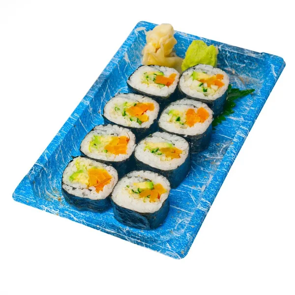 Tire Seleção Sushi Fresco Expresso Bandeja Plástico Fotografia Alimentos — Fotografia de Stock