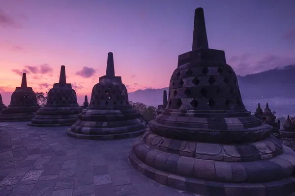 Świątynia Borobudur Wschodzie Słońca Stupas Borobudur Yogyakarta Java Indonezja Azja — Zdjęcie stockowe