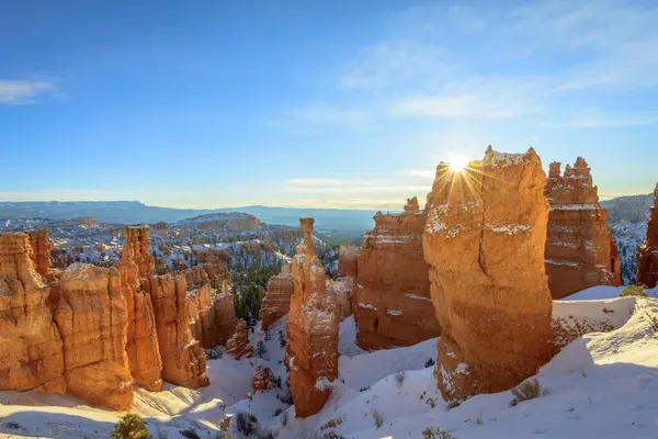 Rock formation Thors Hammer, morning light, snow-covered bizarre rock landscape with Hoodoos in winter, Navajo Loop Trail, Bryce Canyon National Park, Utah, USA, North America