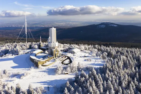 Drone Shot Transmission Mast Hessian Radio Grosser Feldberg Winter Snowfall — Stock Photo, Image