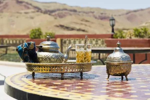 Glass Mint Tea Silver Teapot Morocco Africa — Stock Photo, Image