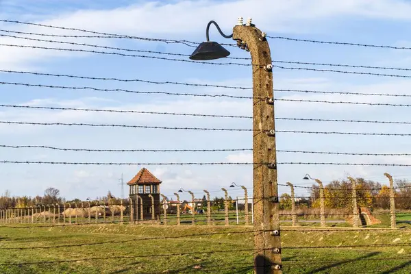 Barbed Wire Fence Watchtower Surrounding Auschwitz Concentration Camp Poland Europe — Stock Photo, Image
