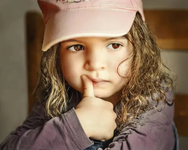 Girl Cap Years Looks Thoughtful Portrait Germany Europe Stock Picture