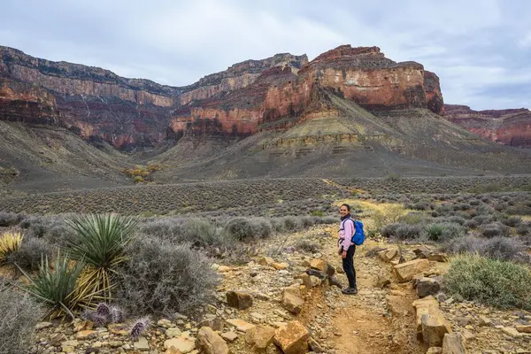 Young Woman Hiking View Plateau Point Gorge Grand Canyon South — Stock Photo, Image
