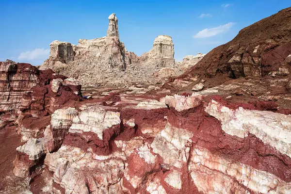 Bizarre Rocky Landscape Petrified Salt Layers Edge Lake Karum — Stock Photo, Image