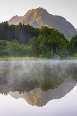 Moor pond with early fog, at the back the mountain Himmelschrofen, 1791m, near Oberstdorf, Oberallgaeu, Allgaeu, Bavaria, Germany, Europe clipart