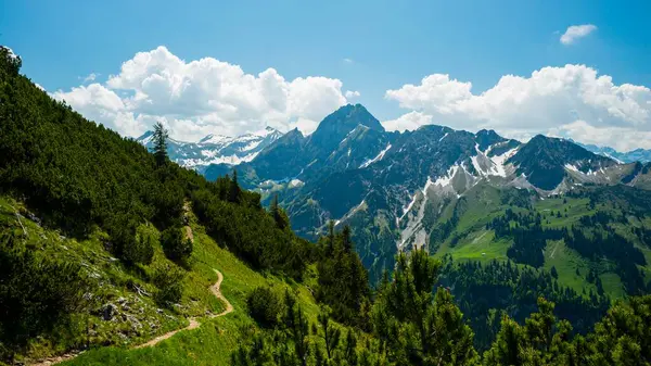 Panorama Trajectoire Descente Sur Vallée Oytal Vers Hoefat Alpes Allgaeu — Photo