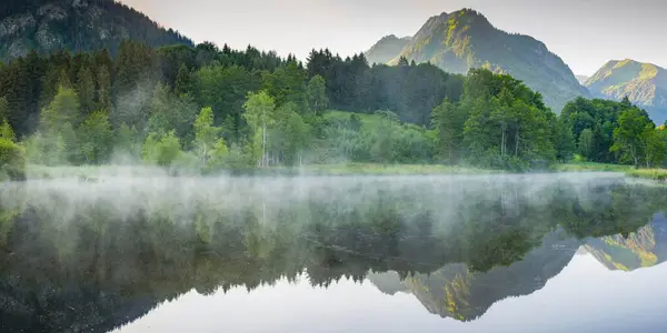 Moor Pond Early Fog Back Mountain Himmelschrofen 1791M Oberstdorf Oberallgaeu — Stock Photo, Image