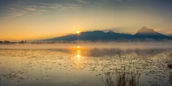 Sunrise Lake Hopfensee Fuessen Ostallgaeu Allgaeu Upper Swabia Swabia Bavaria — Stock Photo, Image