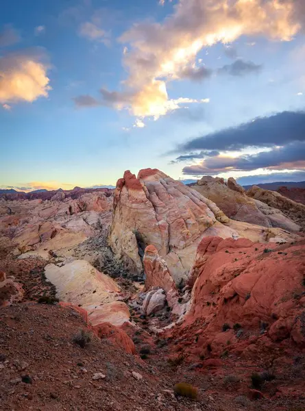 Colorful Red Orange Rock Formations Sunset Colored Clouds White Dome Stockbild