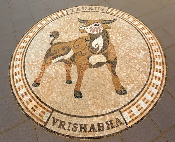 stock image Vrishabha Taurus mosaic in front of the Maha Rattana Chedi, Wat Thung Setthi, Khon Kaen, Isan, Thailand, Asia