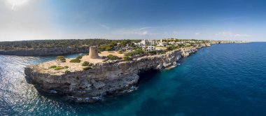 Drone shot, Cala Pi bay, rocky coast, Tore de Cala Pi, municipality of Llucmajor, Majorca, Balearic Islands, Spain, Europe clipart