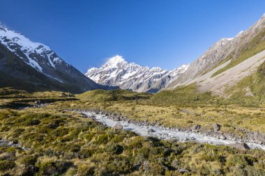 Hooker Valley with views of Mount Cook, Hooker River, Mount Cook National Park, Southern Alps, Canterbury, South Island, New Zealand, Oceania clipart
