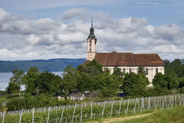 stock image View of Lake Constance with vineyard and Birnau monastery near berlingen, Baden-Wrttemberg, Germany, Europe