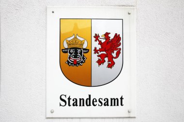 Sign at the registry office with coat of arms Mecklenburg-Western Pomerania at the town hall, Wolgast, Mecklenburg-Western Pomerania, Germany, Europe clipart