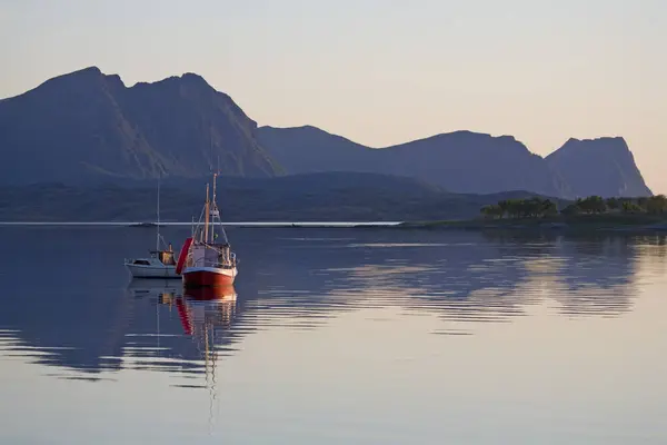 stock image Midnight sun at the Sagfjorden, Nordland, Norway, Europe