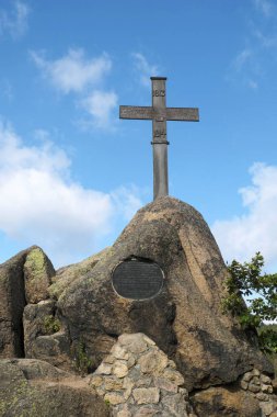 Cross and commemorative plaque of the Battle of Leipzig 1813, Ilsestein, Harz nature park Park, Saxony-Anhalt, Germany, Europe clipart