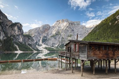 Lake Braies, mountain lake with boathouse and boats, behind it Seekofel, Prags, Dolomites, South Tyrol, Alto Adige, Italy, Europe clipart