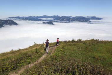 Hikers on hiking trail from Fellhorn to Schlappoldkopf, in the background fog over the Alpine foothills, near Oberstdorf, Oberallgu, Allgu, Bavaria, Germany, Europe  clipart