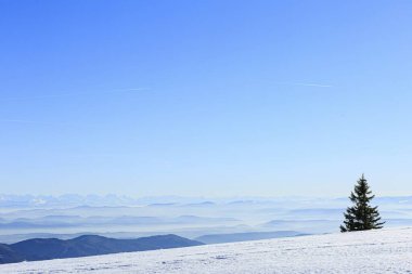 View from the snow-covered summit of the Belchen to mountain ranges and alpine chain Black Forest, Baden-Wrttemberg, Germany, Europe  clipart