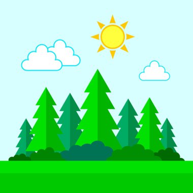 Summer sunny landscape, vector illustration of coniferous Forest