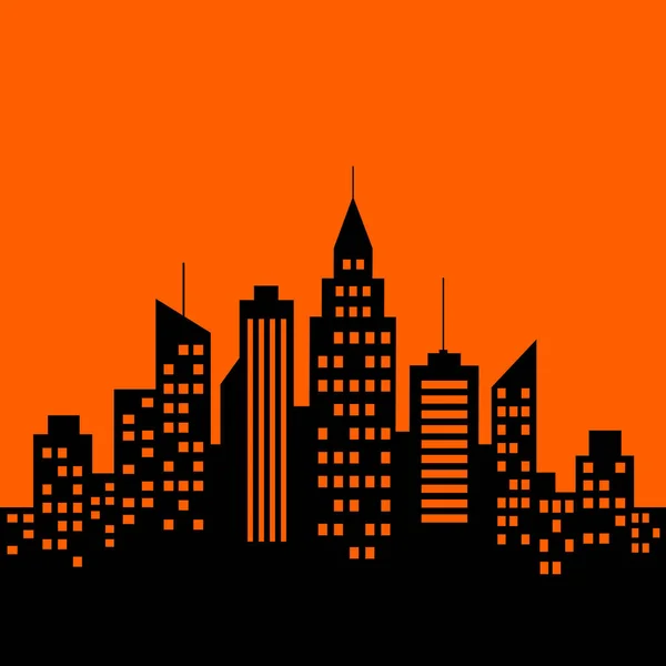 Város Vektor Ikon Fekete Sziluett Narancssárga Háttér — Stock Vector
