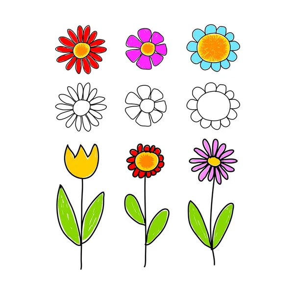 Beyaz Arka Planda Çocukların Çizimleri Renkli Çiçekler — Stok Vektör