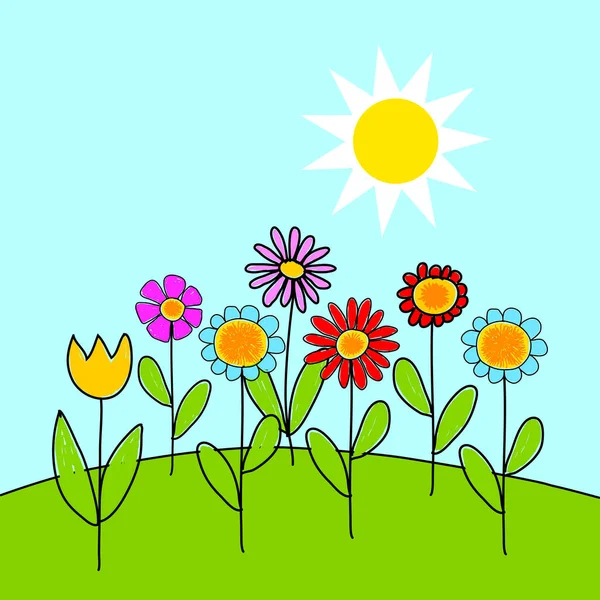 Desenho Infantil Prado Com Flores Coloridas — Vetor de Stock